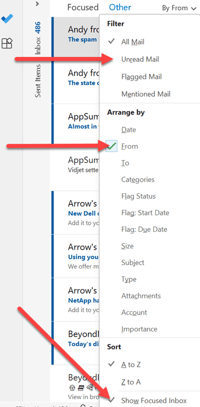 email filters and sorting